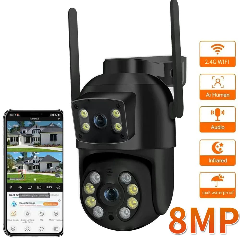 Caméra Wifi PTZ 8MP 4K avec double objectif, double écran, détection humaine AI, caméra IP de sécuri