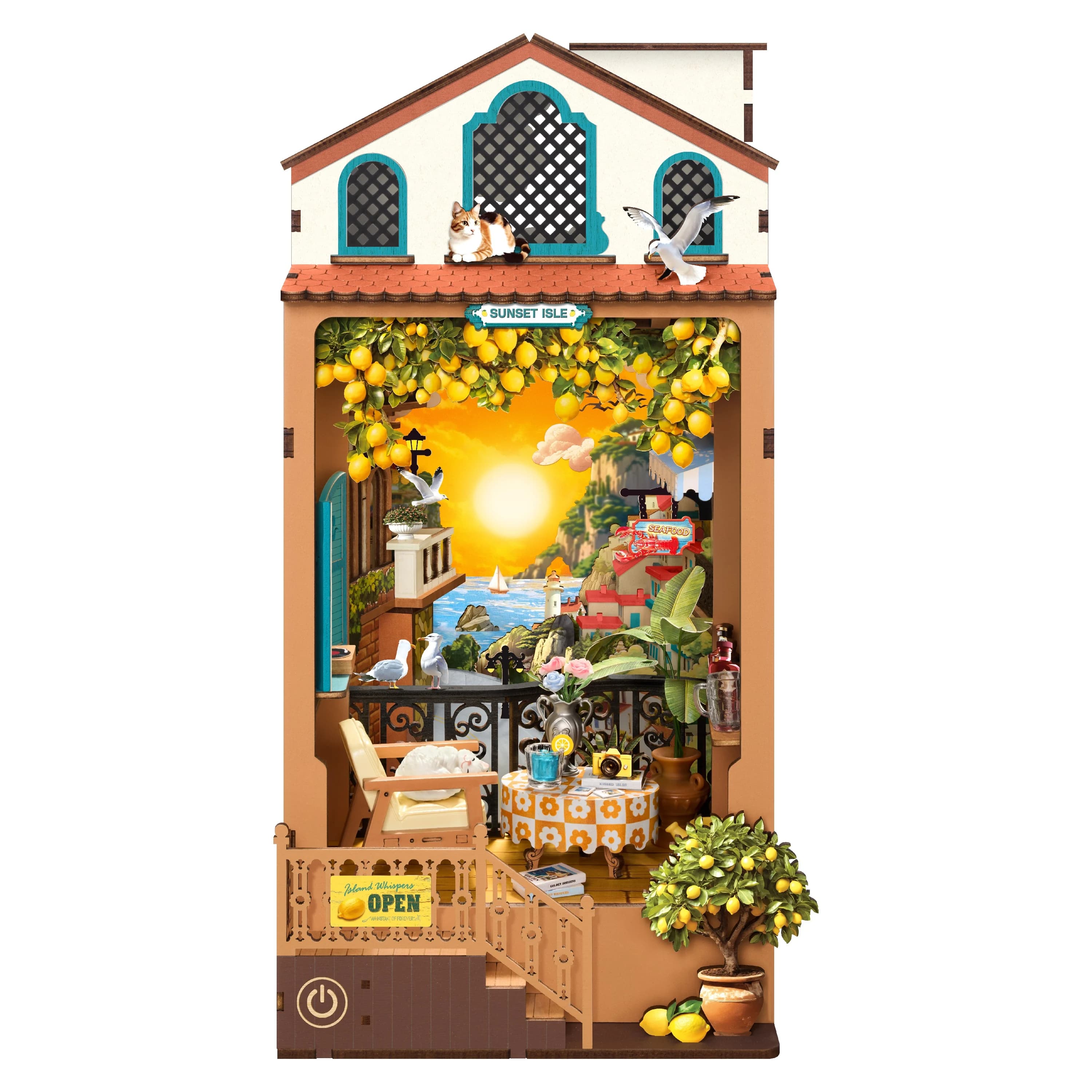Rolife Sunset Isle DIY Book Nook, Puzzle 3D en bois, Scène superposée de terrasse de restaurant côti