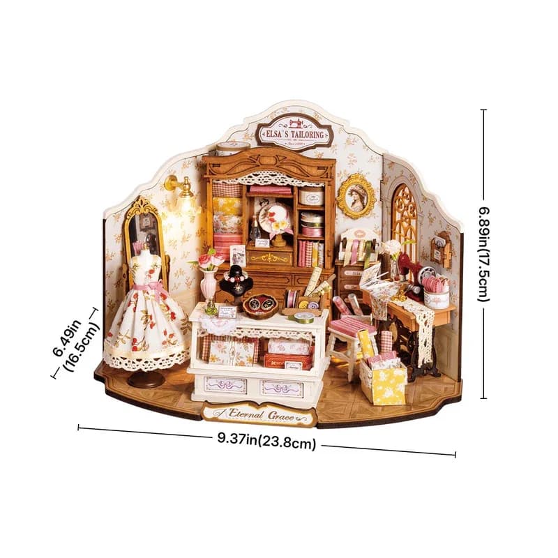 Kit de maison miniature en bois Robotime Elsa's Tailoring DIY avec lumières LED, artisanat fait main