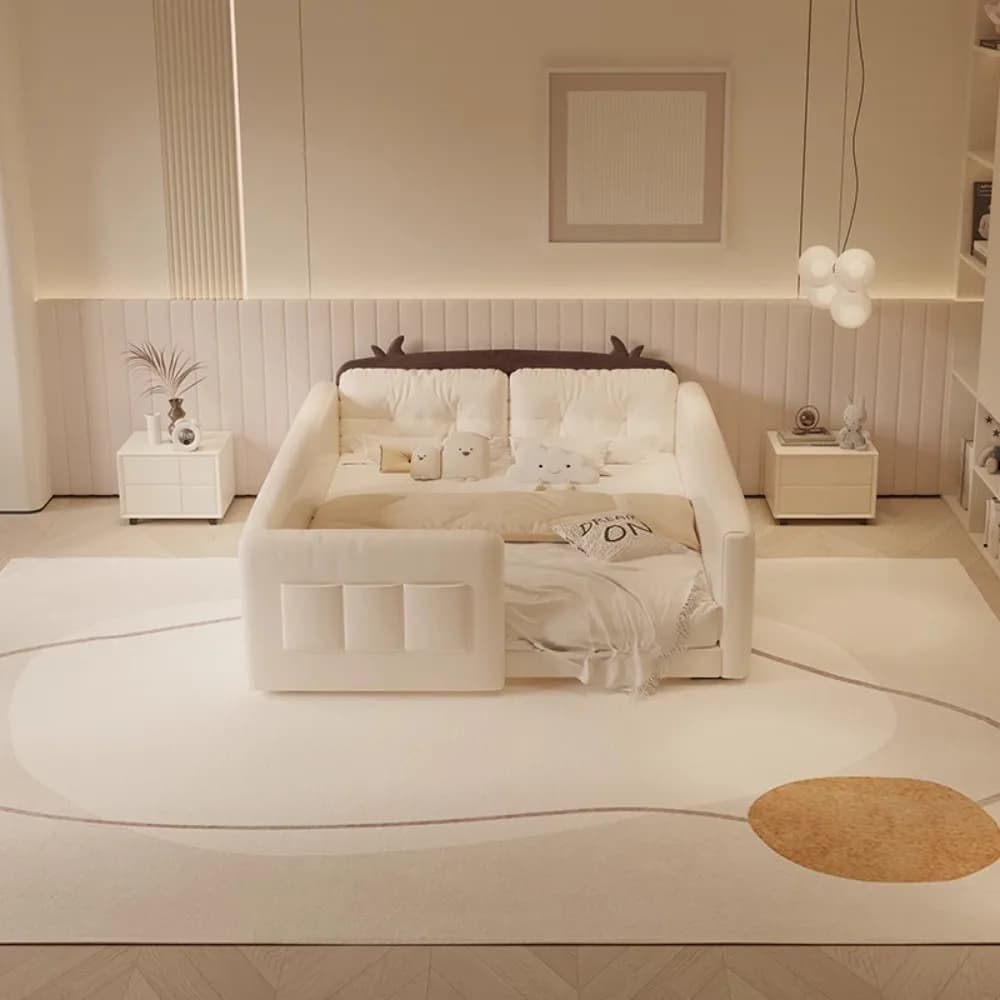 Lit pour enfant avec tête de lit design 'Cow', lit avec barrière de sécurité crème, lit à panneaux m
