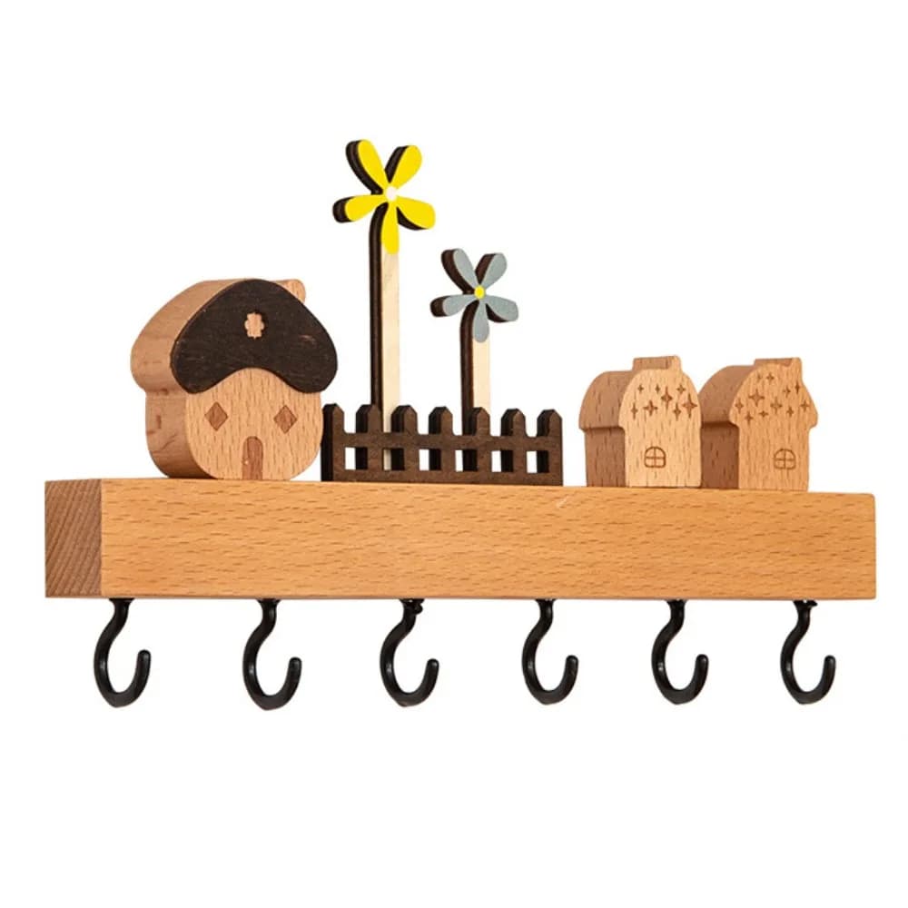Porte-clés mural en bois à 6 crochets, support de rangement créatif pour clés et objets divers, cade