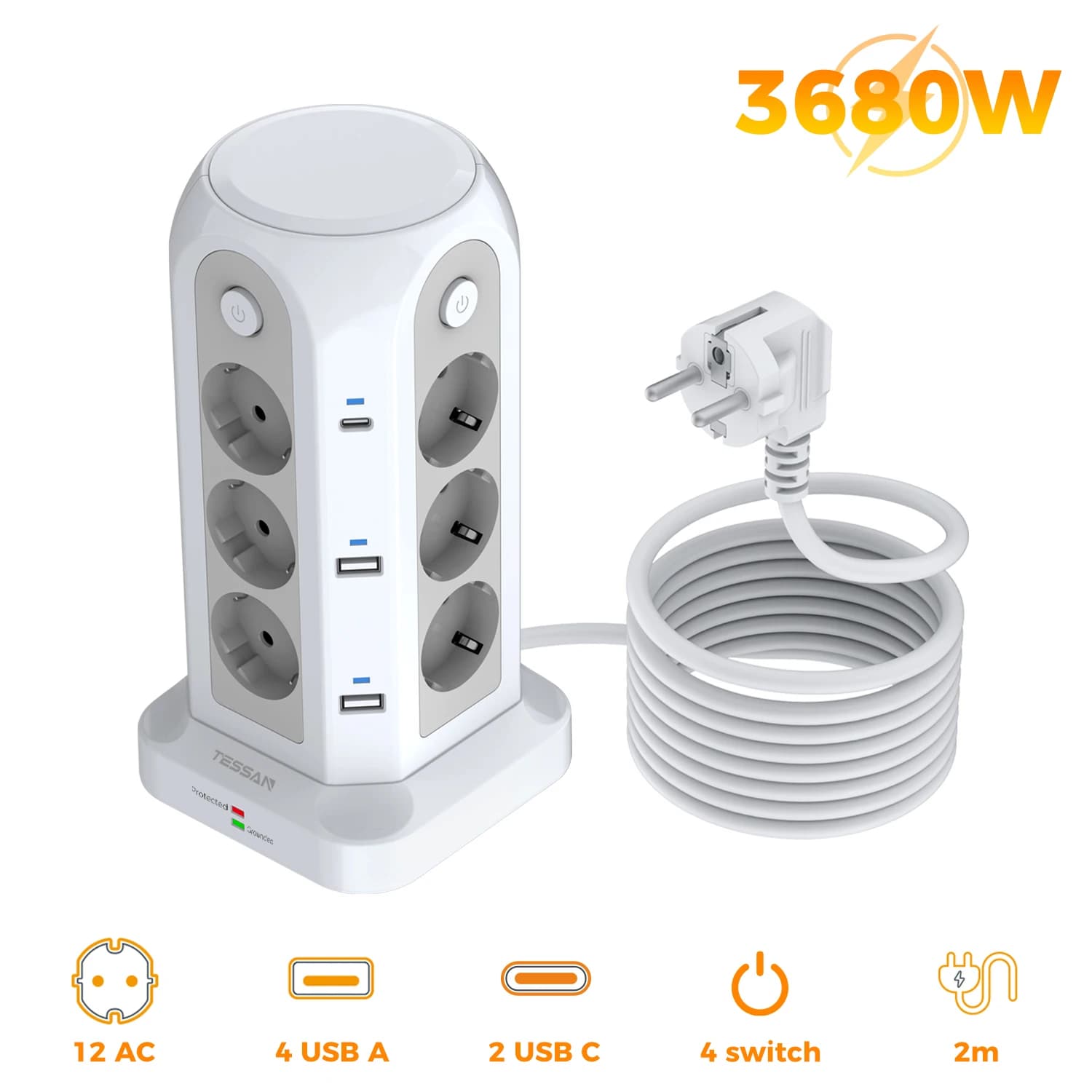Multiprise TESSAN avec prise EU, 4 interrupteurs individuels, prises verticales multiples avec prote