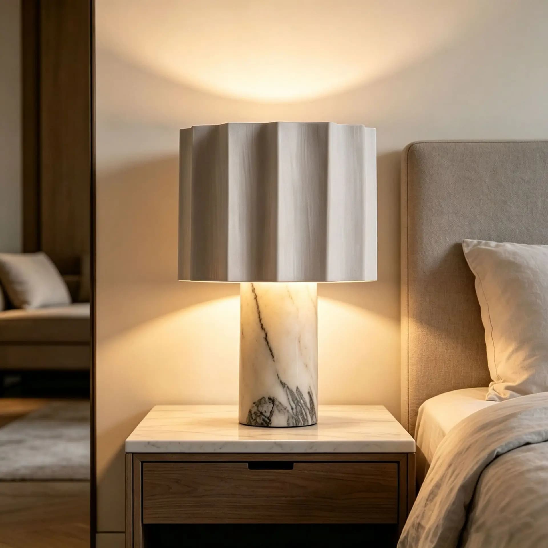 Lampe de table moderne minimaliste en marbre, abat-jour en tissu plissé, lampe de chevet pour chambr