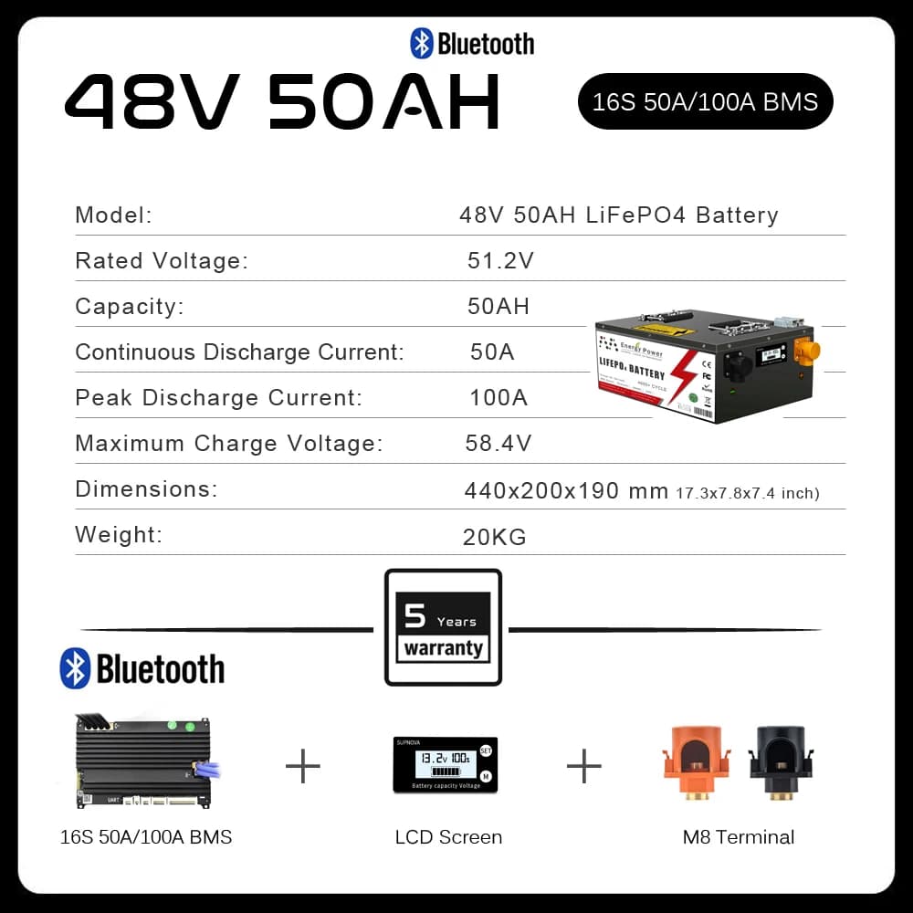Batterie LiFePO4 24V 48V 50ah 100ah 200ah, BMS Bluetooth intégré pour le stockage solaire à domicile