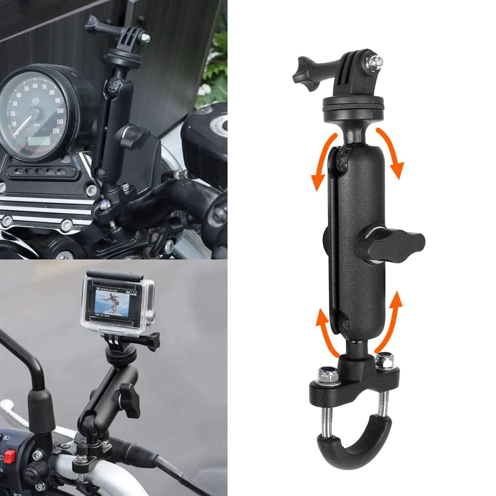 Support de caméra rotatif à 360° pour moto, fixation sur guidon ou rétroviseur, compatible avec les