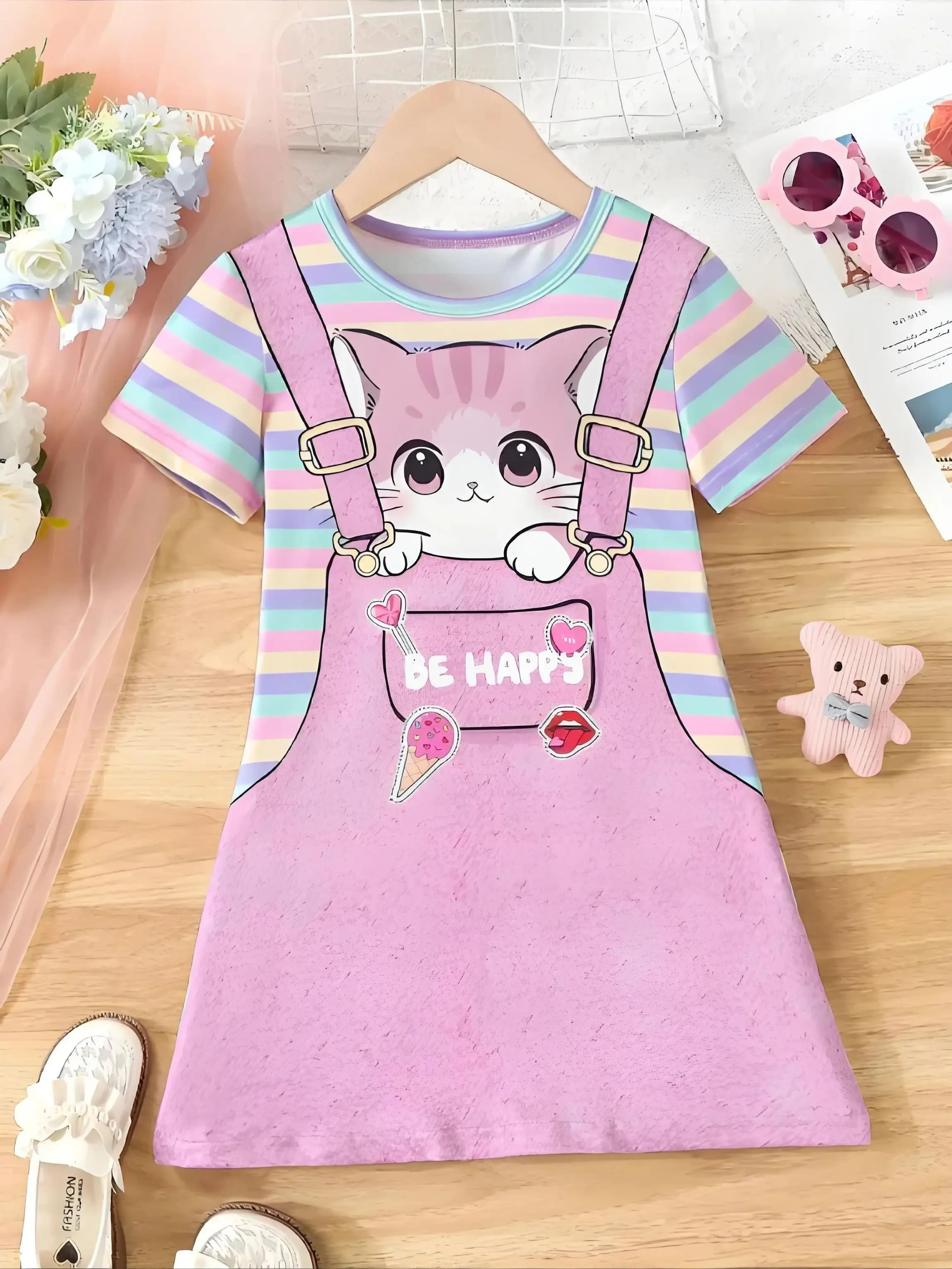 Fille chat mignon avec robe t-shirt rayée imprimé 3D - Robe d'été décontractée, lavable en machine,