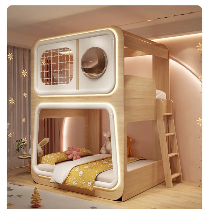 Lit superposé en bois pour petit espace, solution créative de couchage en forme de cabane dans les a