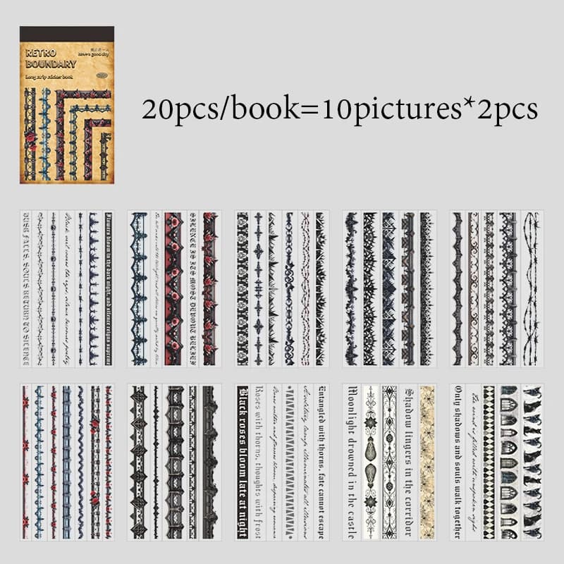 Livre d'autocollants décoratifs pour bordures, idéal pour les collages de scènes vintage. Différents