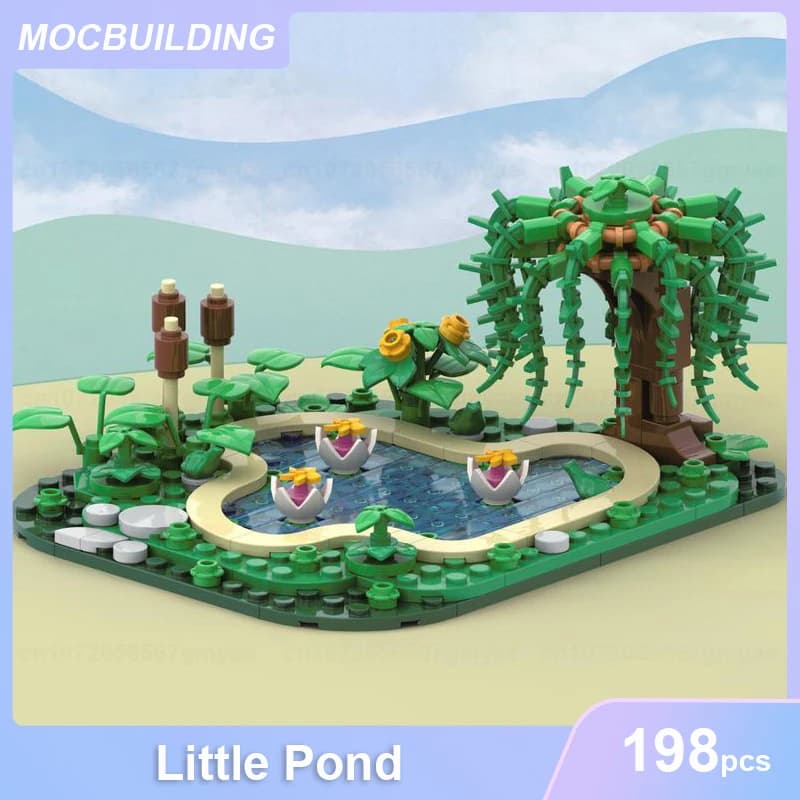 Modèle de petit étang MOC, blocs de construction DIY, briques à assembler, vue sur le paysage, jouet