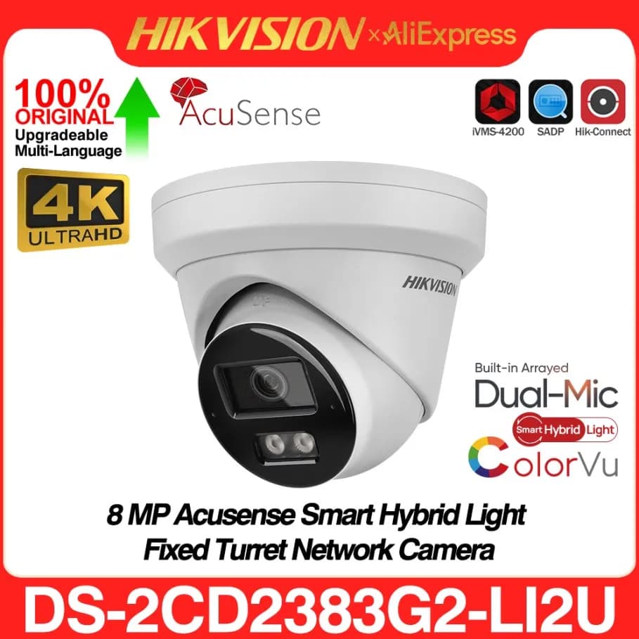 Caméra réseau tourelle fixe Hikvision DS-2CD2383G2-LI2U 8MP 4K AcuSense Smart Hybrid Light POE avec