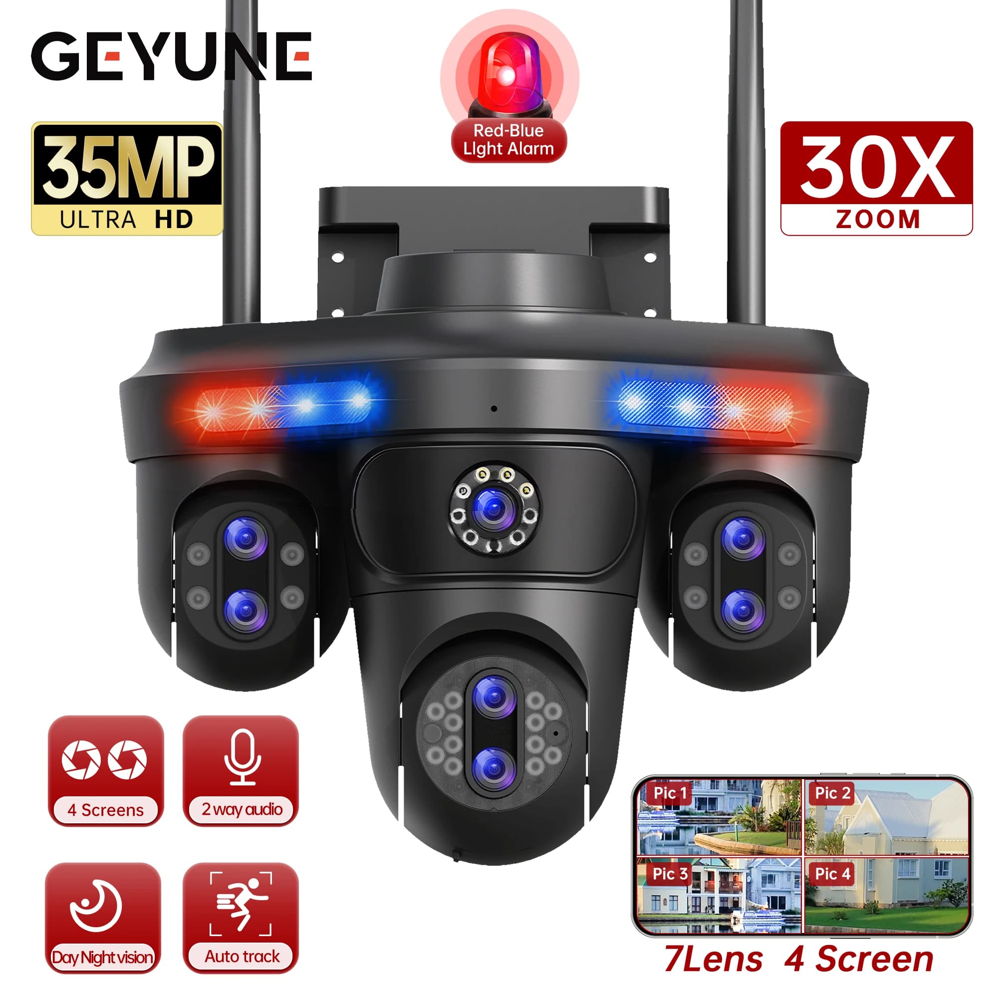 GEYUNE 35MP WiFi caméra IP 4 écrans 7 lentilles 10X Zoom extérieur sans fil PTZ caméra de sécurité s