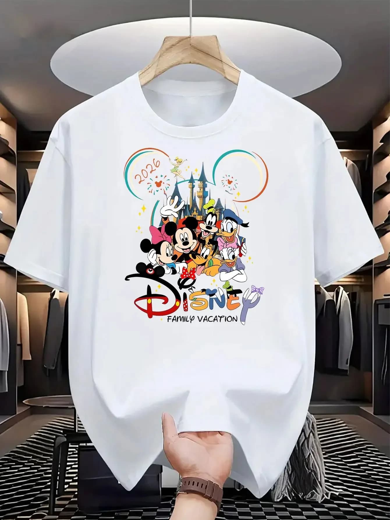 T-shirt à motif Mickey Family Tour été 2026, chemise décontractée ample à manches courtes en coton p