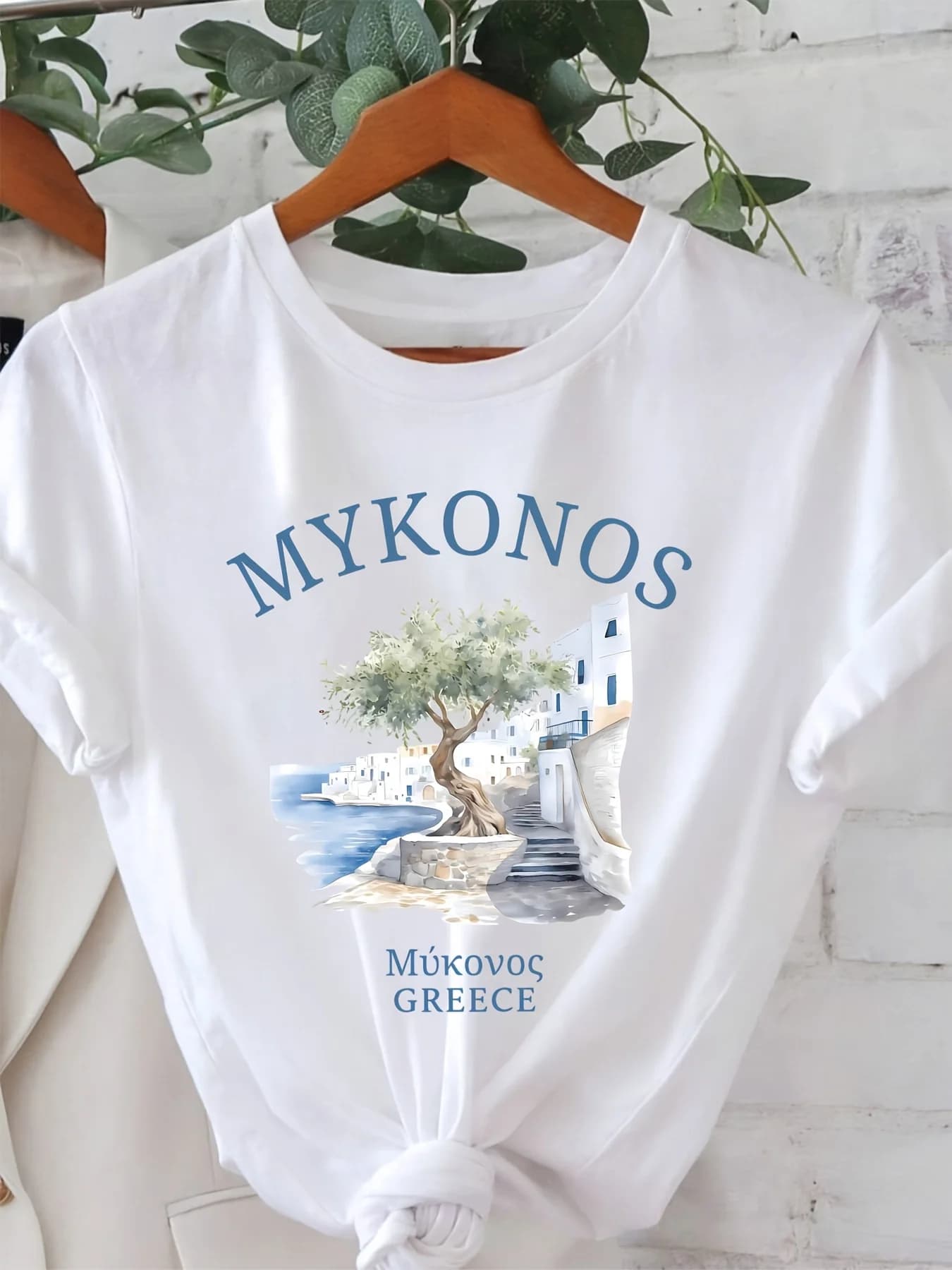 Mykonos d'île grecque pour femmes, blanc, bleu clair, Design de mer Égée avec maisons, motif de clé