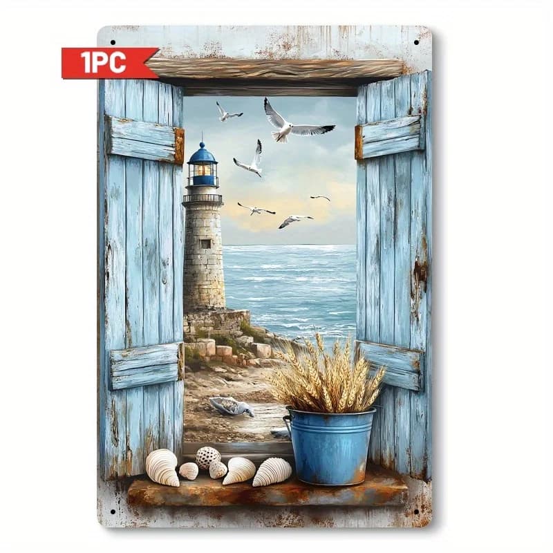 , Art mural en métal phare de bord de mer et mouette - Décor côtier en fer avec scène de plage tranq