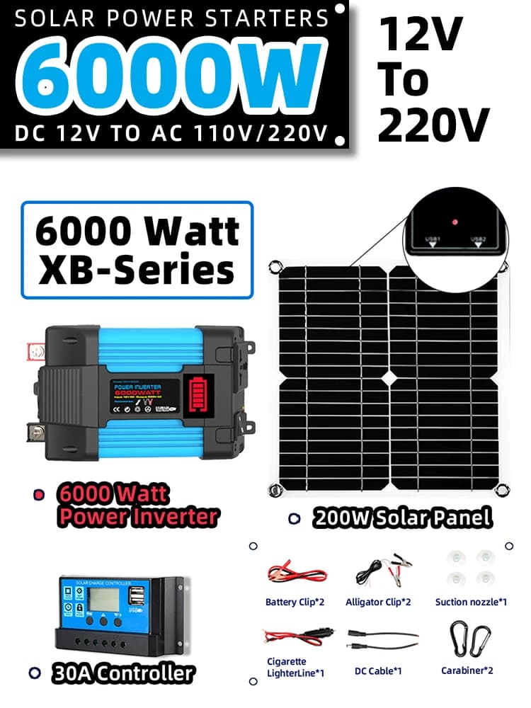Kit solaire complet hors réseau 6000W + panneau solaire pliable 200W - Station d'alimentation portab