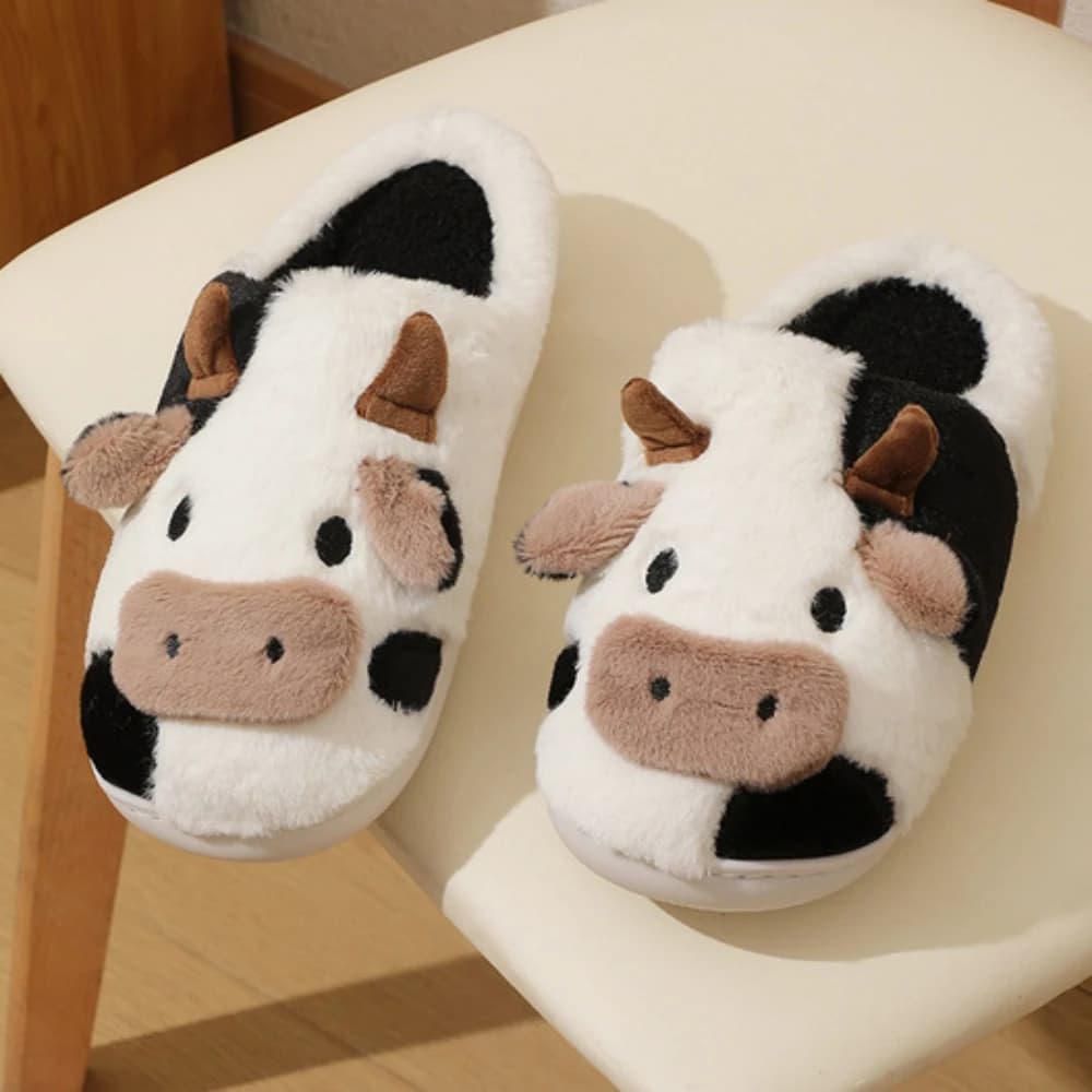 Pantoufles de vache confortables pour femmes et hommes, jolies chaussures de maison en peluche à bou