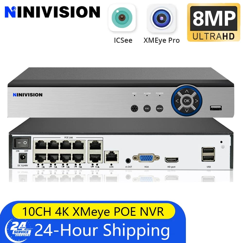 NVR pour système de caméra de sécurité 4K 10CH enregistreur vidéo réseau 4K PoE caméra IP détection