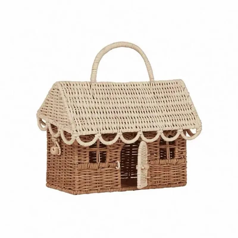 Panier fantaisie en rotin en forme de maison, boîte de rangement en osier tressé à la main avec poig