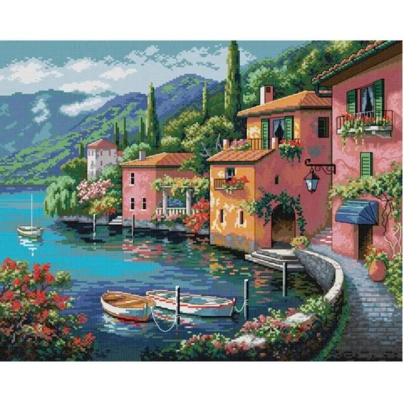 Kit de points de croix JoySunday, maison colorée au bord de l'eau, tissu imprimé HD Aida 14 16 11CT,