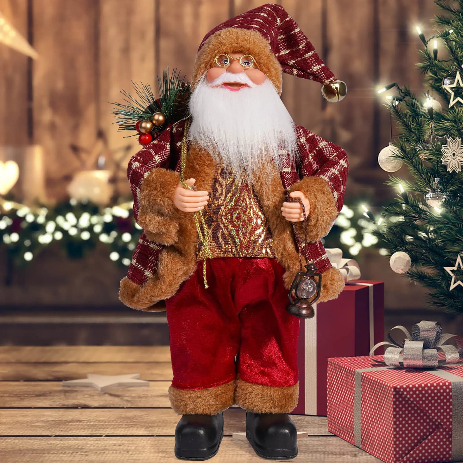 Figurine de père noël de 12 pouces, décor de noël détaillé en plastique et tissu avec chapeau de bar
