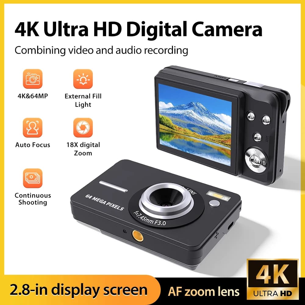 Appareil photo numérique 4K 64MP avec zoom numérique 18X, mise au point automatique, lumière d'appoi