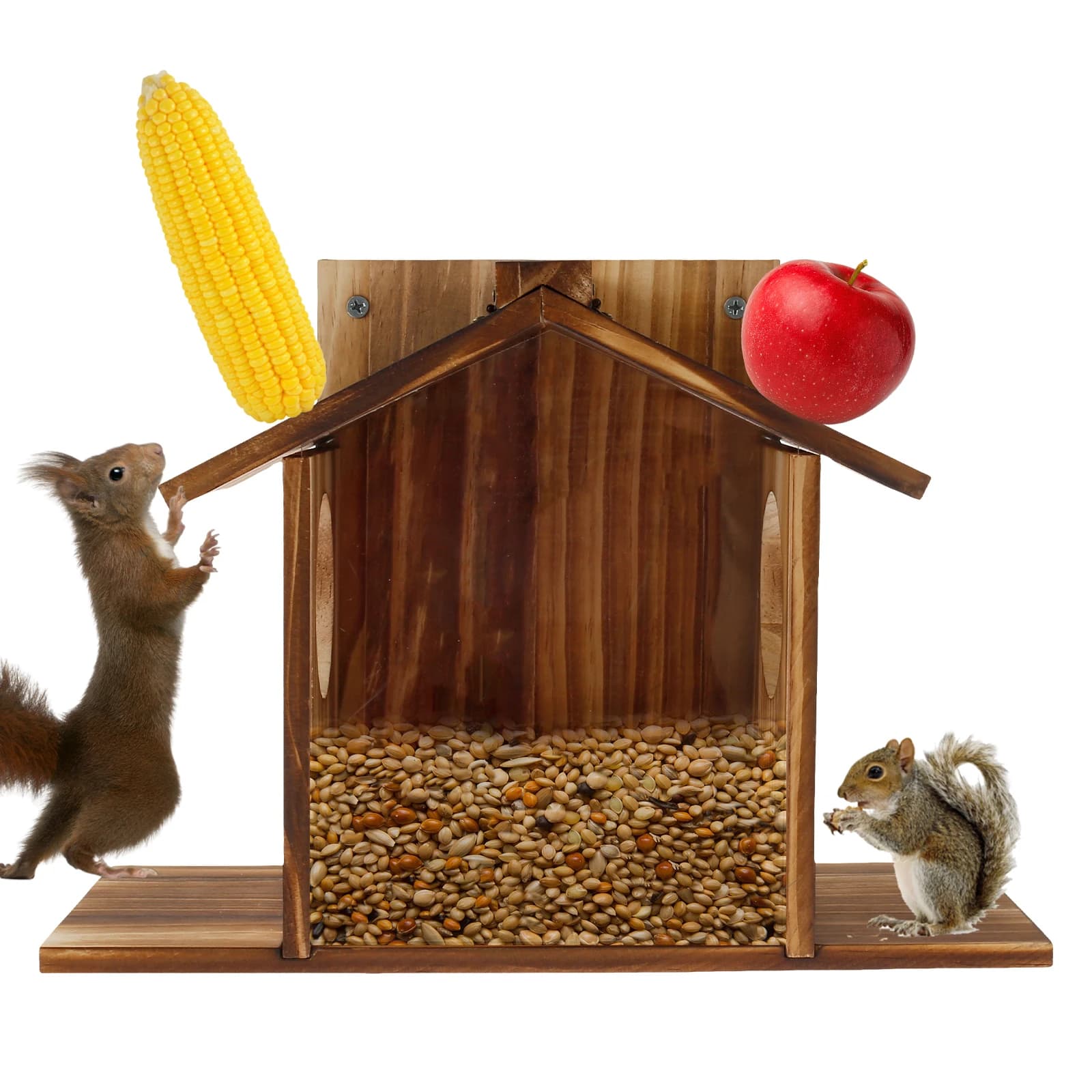 Mangeoire pour écureuil en bois, grande capacité, maison avec toit, Stations d'alimentation pour écu