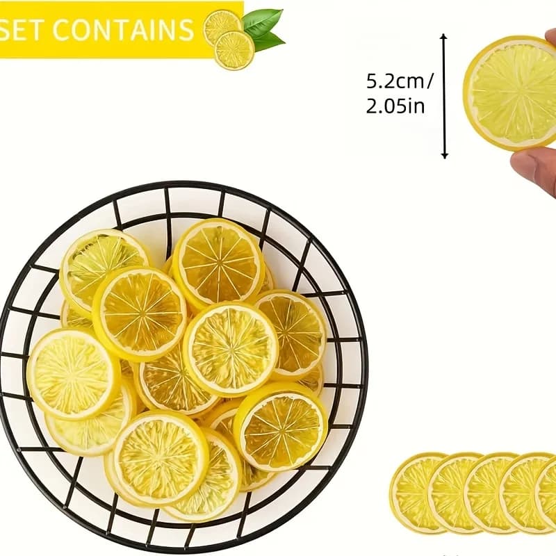 Paquet de 10 tranches de citron jaune de 2 pouces – Fruits artificiels en plastique réalistes, idéau