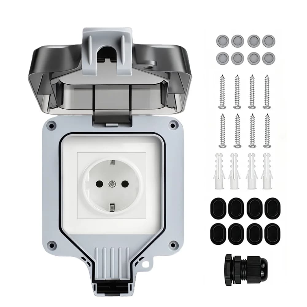 Prise extérieure de style européen avec interrupteur et voyant lumineux, indice de protection IP66,