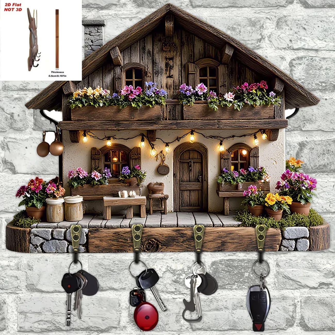 Porte-clés mural en bois vintage, support à clés plat 2D avec crochets, décoration d'entrée style fe