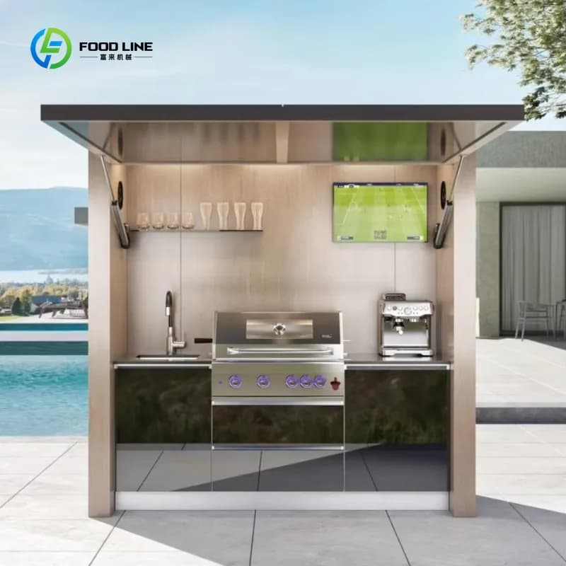 Cuisine BBQ extérieure moderne haut de gamme avec revêtement en poudre, abri et porte télécommandée,