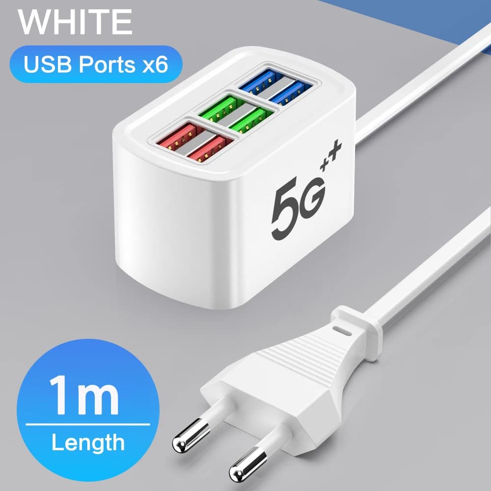 Chargeur USB rapide 6 en 1, multiprise, Station de charge de bureau, cordon de 1m, adaptateur HUB US
