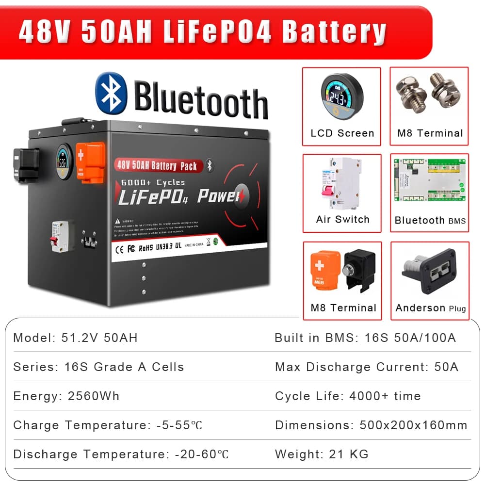 Batterie LiFePO4 24V 48V 100Ah 200Ah, avec BMS Bluetooth, plus de 6500 Cycles, pour maison, Soalr RV
