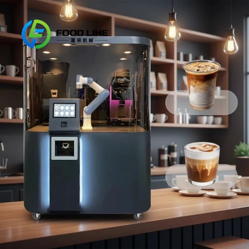 Machine à café robotisée transparente avec bras robotique, processus de brassage visible à 360°, pou