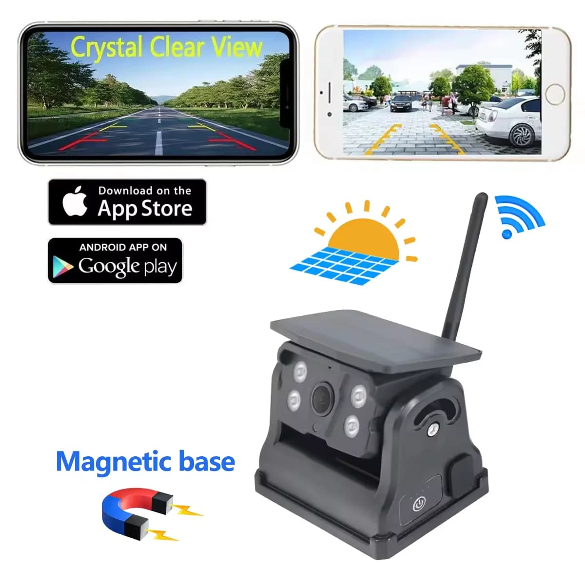 Caméra de recul avant et arrière WiFi HD avec panneau solaire 300M sans fil pour bus, camion, campin
