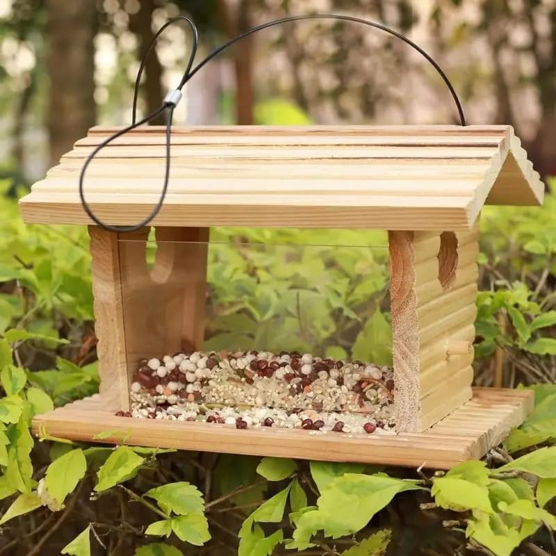 Mangeoire à oiseaux suspendue pour maison en bois, artisanat avec support perche spacieux pour jardi