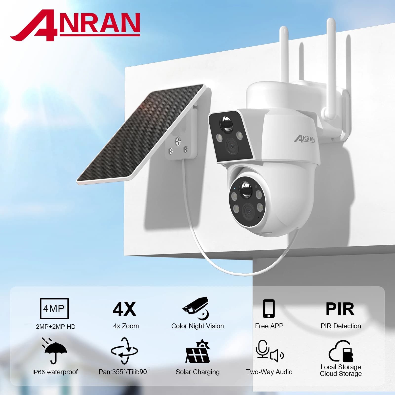 ANRAN – caméra solaire à double objectif, caméras de sécurité WIFI avec panneaux solaires, Vision no