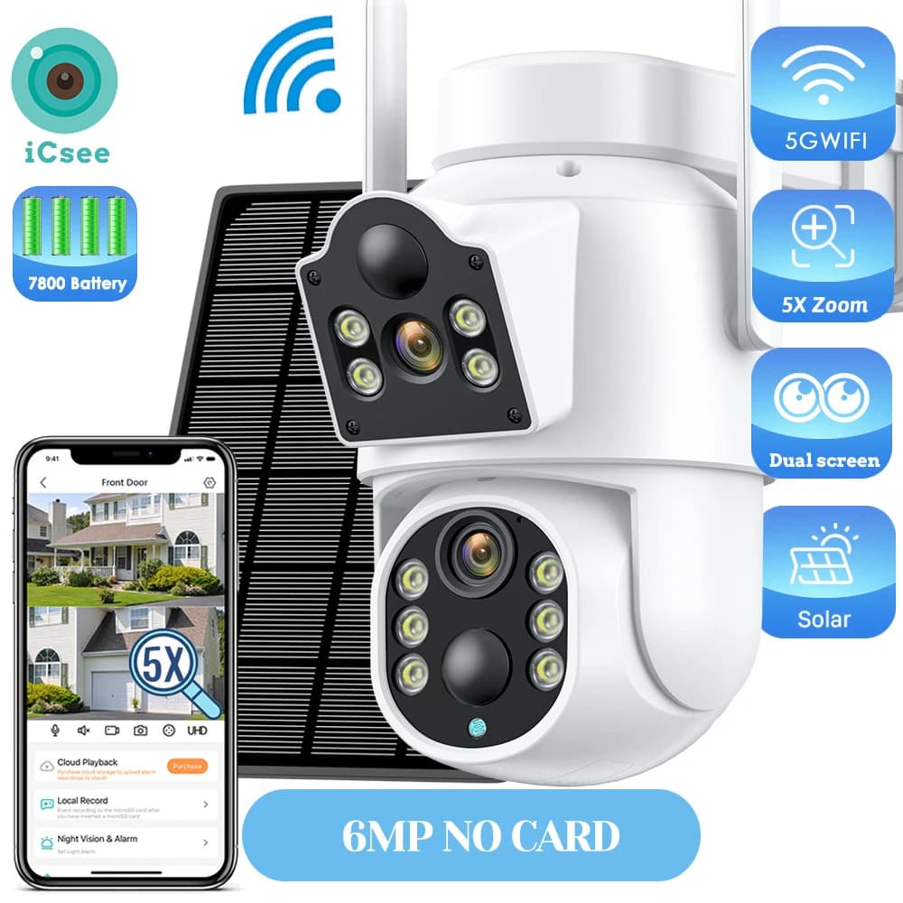 Caméra WiFi solaire 8MP avec batterie 7800 mAh double objectif 5X Zoom numérique extérieur caméra PT