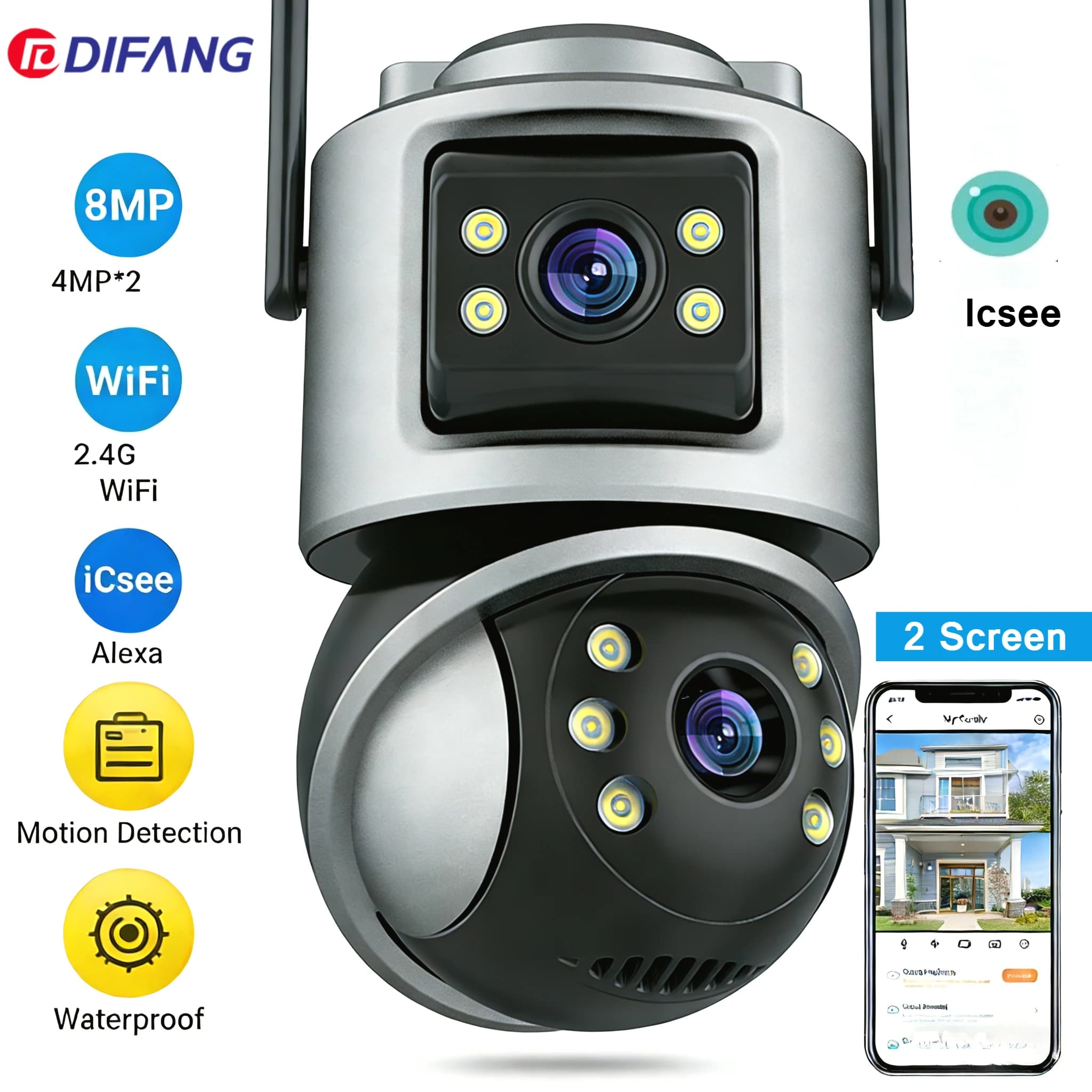 Caméra WiFi 8MP 4K Extérieure Ultra HD Double Objectif Double Écran Réseau IP Détection Humaine IA C
