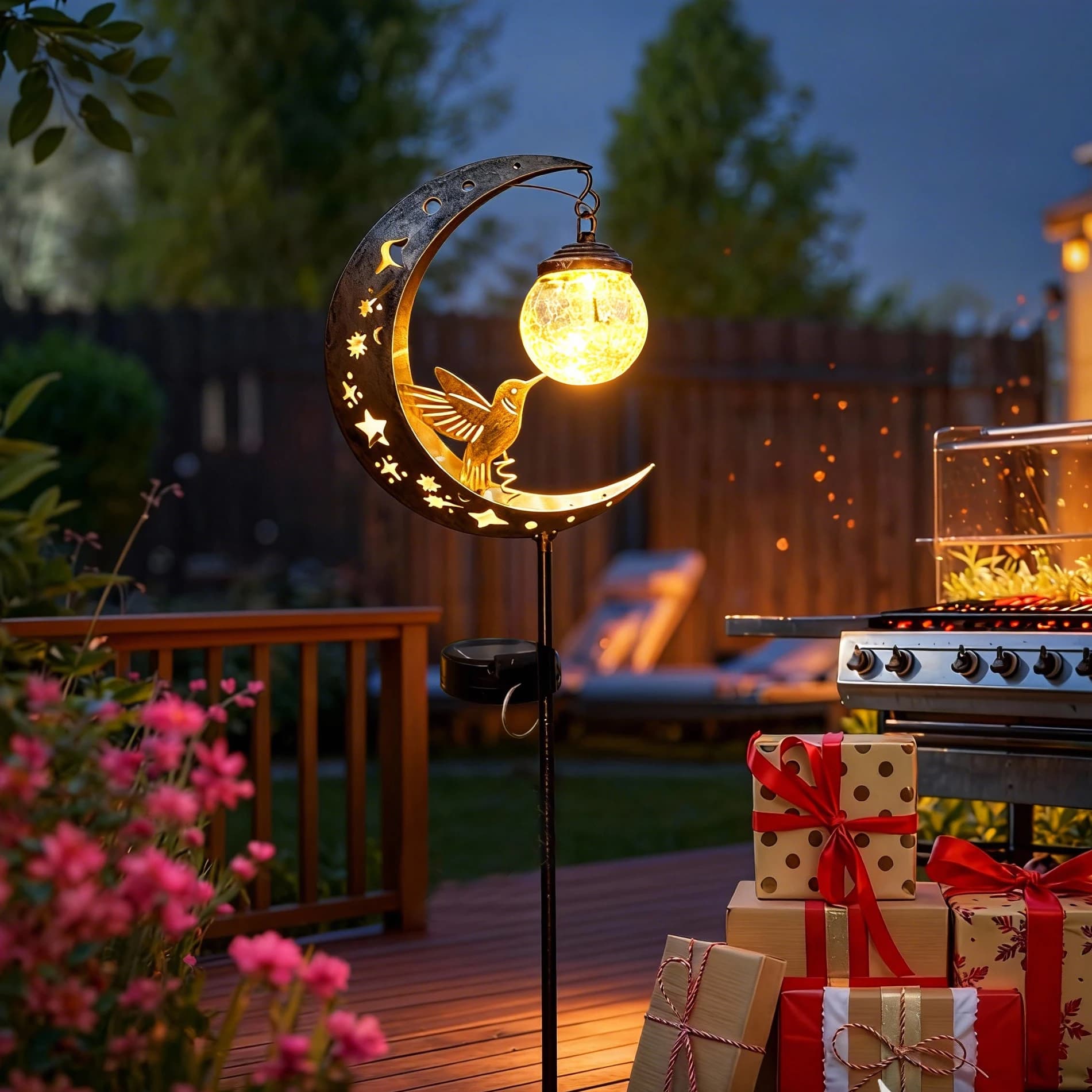 Lampe au sol en forme de lune à énergie solaire avec décorations de colibri et de boules de verre, a