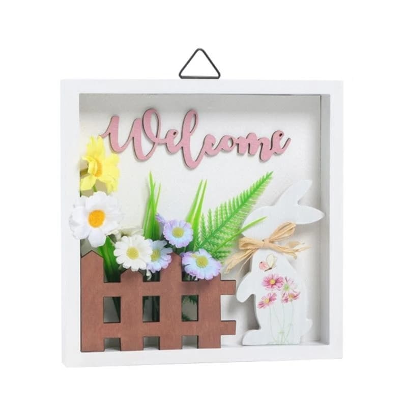 Panneau bienvenue suspendu pour porte d'entrée, cadre en bois lapins pâques avec fleurs artificielle