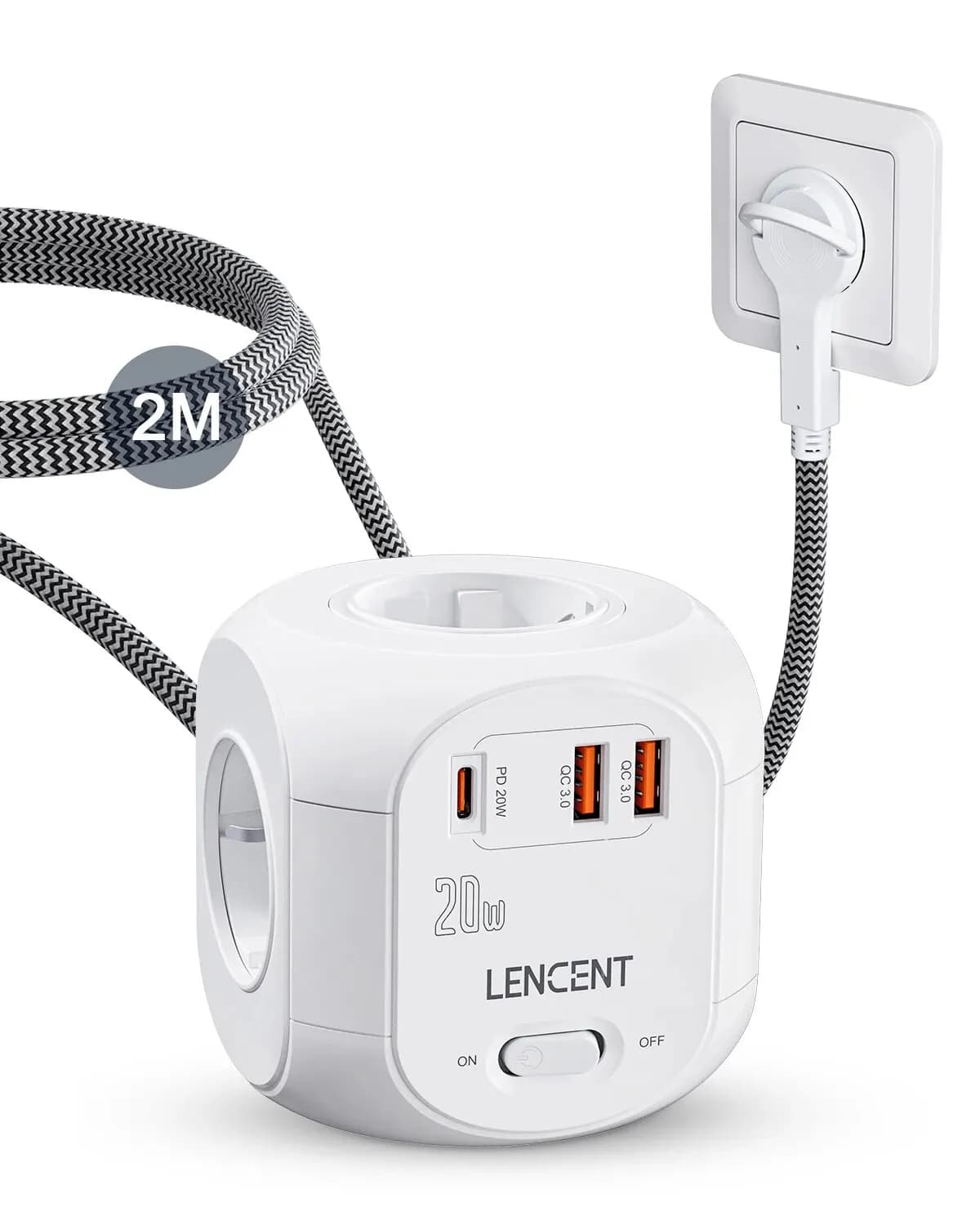 LENCENT – multiprise plate avec prise ue, Cube avec prises 4AC + 2 USB QC3.0 + 1 Type C PD20W, charg