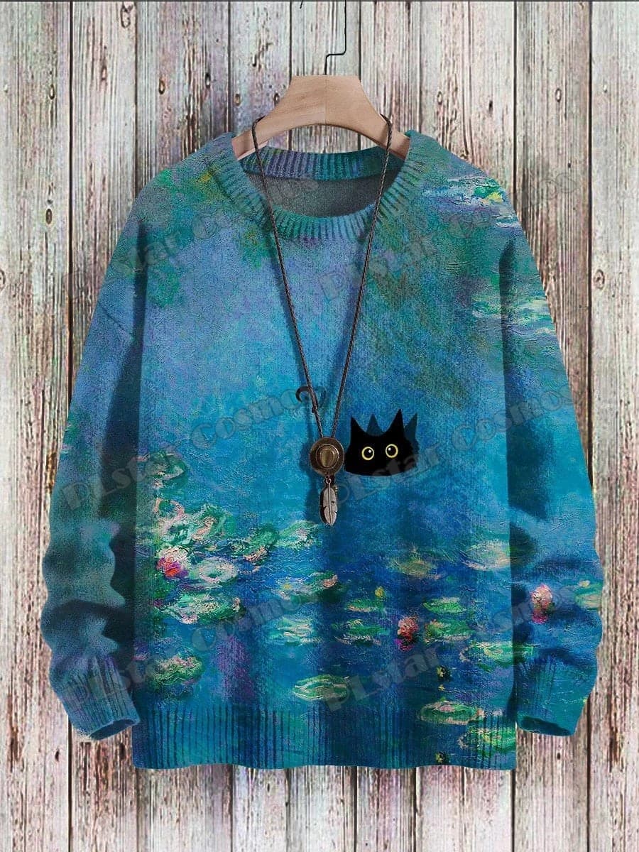 Mona Lisa Funny Cat & Rose Dark Crow Pattern 3D Printed Men's Pullover, Winter Unisex Casual Knit Pu