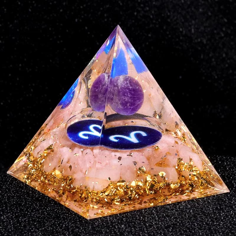 Pyramide d'orgone des 12 signes du zodiaque avec sphère d'améthyste naturelle, tour d'énergie crista