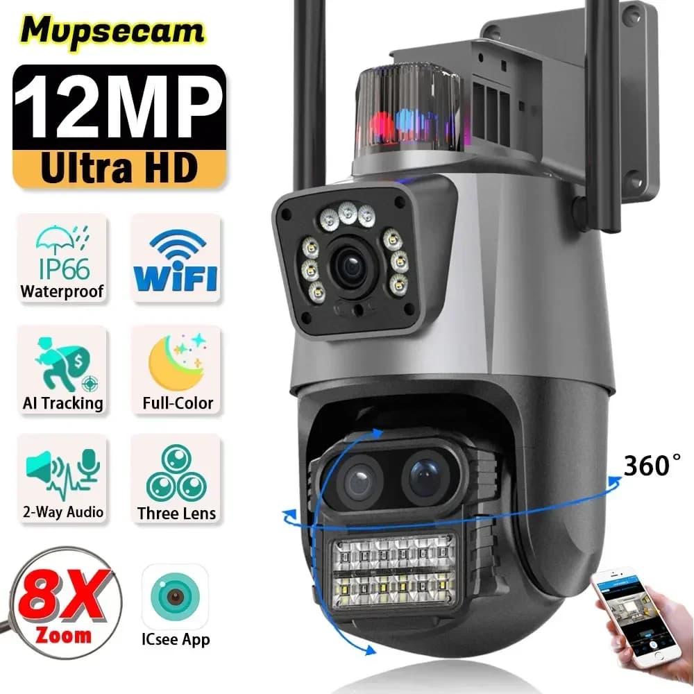 360 sans fil extérieur 6K 12MP WiFi caméra de sécurité ICSee intelligent trois objectifs 8X Zoom vid