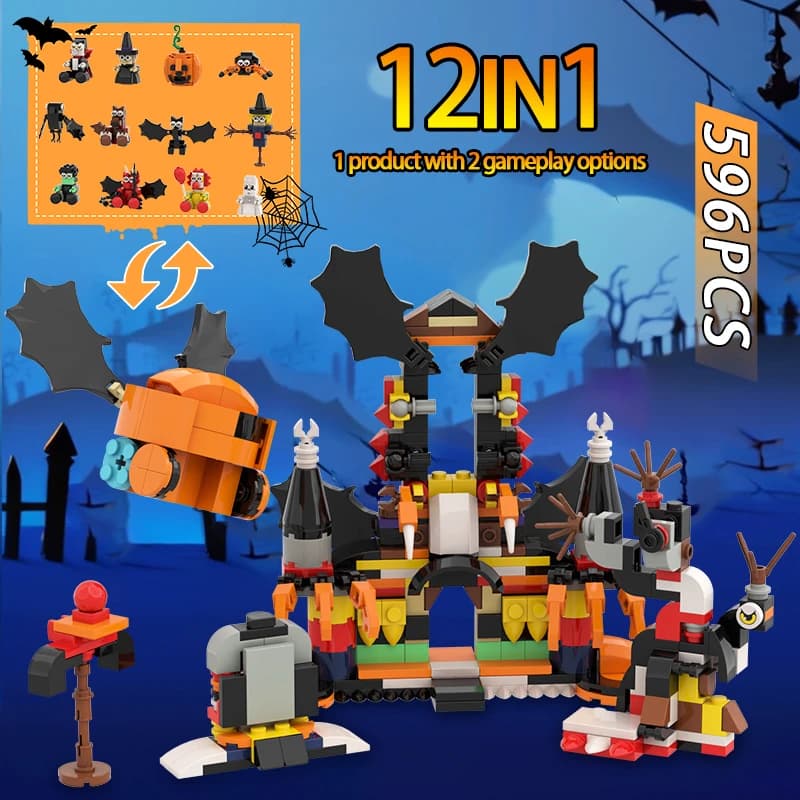 Blocs de construction Halloween : Maison d'horreur gothique, décor citrouille, araignée, pierre tomb