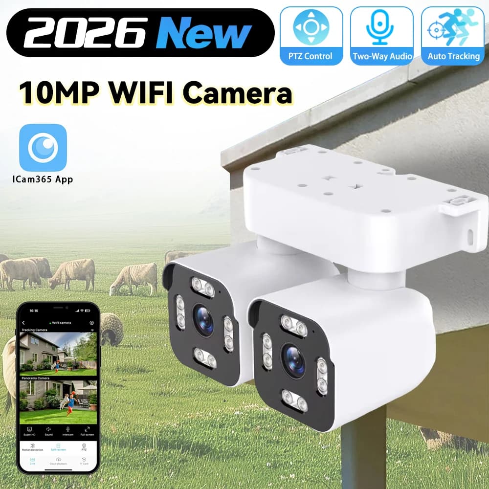 Caméra IP WIFI ICam365 5K 10MP, caméra extérieure à double objectif, double écran, surveillance CCTV