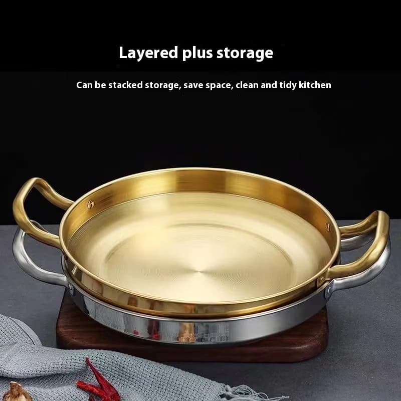 Poêle à frire coréenne en acier inoxydable, poêle Paella avec poignée dorée, marmite pour fruits de