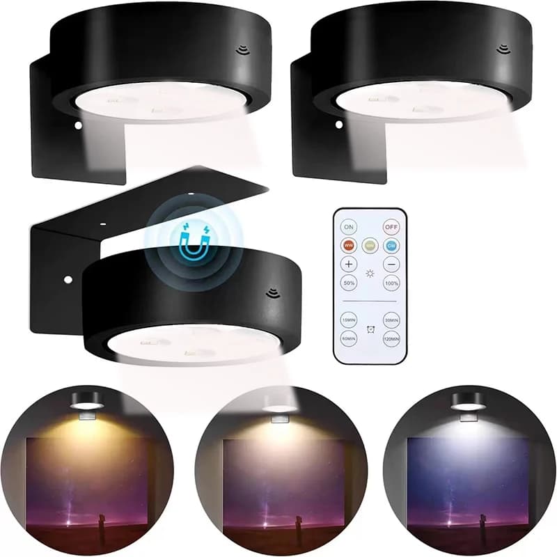 Éclairage sans fil pour photos, lot de 3 lampes LED pour montage mural, lampes magnétiques avec 3 co