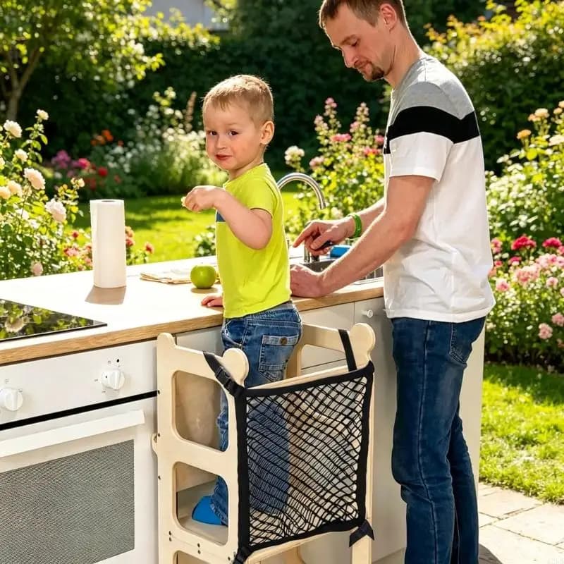 Barrière pour bébé, sécurité à deux couches pour tabouret cuisine, mettant en évidence les attaches