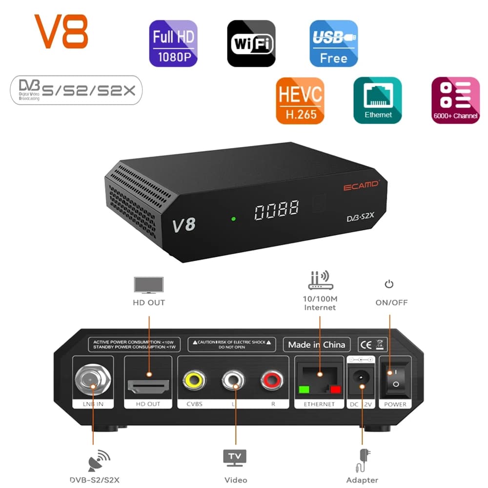 Récepteur satellite TV ECAMD V8 DVB-S/S2/S2X prenant en charge Ccam Newcam Mgcam 1080P HD 3G 2.4G WI
